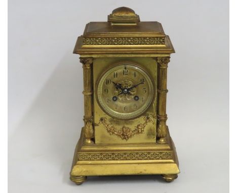 A 19thC. French gilt mantle clock with Japy Freres movement, foot a/f, 310mm tall x 190mm wide x 138mm deep