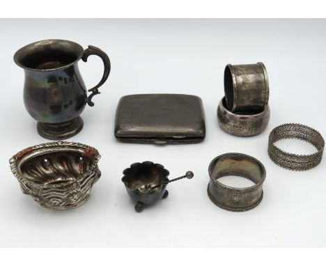 A 1925 Birmingham silver christening cup by Joseph Hayward & Son, some bumps, twinned with other hallmarked silver items, som