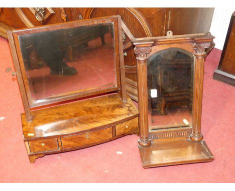 A circa 1900 mahogany small architectural hanging wall mirror with lower shelf, 49.5 x 30cm, together with a Regency mahogany