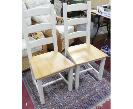 A set of six contemporary grey painted ladder back and light oak panelled seat dining chairs