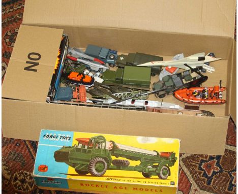 Mixed box of vintage Corgi Toys, home made plastic kits, unmade kits, and a Corgi Toys 1113 Corporal Guided Missile Launcher 