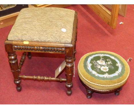 A late 19th century oak and floral tapestry upholstered pad seat square dressing stool, width 36cm, together with a Victorian