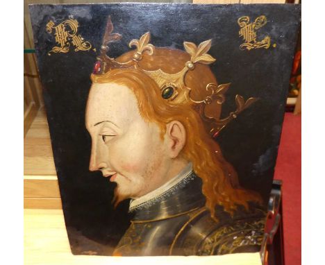 A circa 1900 profile portrait study of a medieval king with red hair and wearing a crown, oil on hammered copper panel, 37 x 