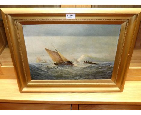 George Knight (fl.1872-1892) - Seascape with sailing boats off the coastline, oil on canvas, signed lower left, 24.5 x 24.5cm