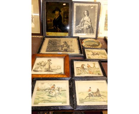 Assorted prints to include sporting examples, monochrome portrait studies of society folk, and an early 19th century reverse 