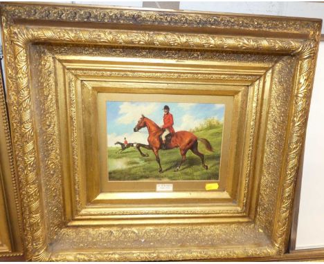 After W.H. Hardy - Hunting scene, reproduction oleograph, 15 x 20cm, in heavy gilt composition frame 