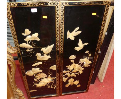 A pair of contemporary Japanese black lacquered gilt decorated and inlaid wall panels, each 92 x 30.5cm, together with a smal