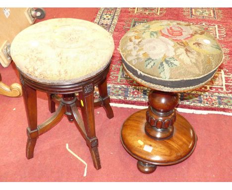 A mid-Victorian mahogany and floral tapestry upholstered swivel piano stool, height 51cm, together with a late Victorian maho
