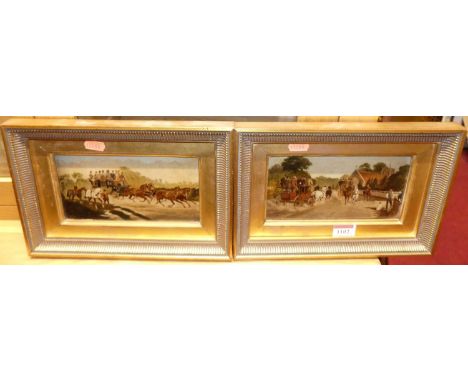 A pair of stagecoach scenes, reproduction oil on panel, 10 x 19.5cm 