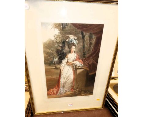 Clifford R James - full-length portrait of a society lady, colour mezzotint, signed in pencil to the margin and with blindsta