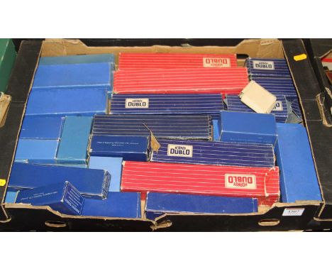 One tray containing a quantity of vintage Hornby Dublo wagons, lineside accessories, track etc, all housed in original boxes