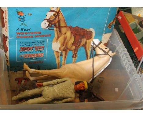 A Marx Toys Johnny West Chief Cherokee model range horse, with two figures and a quantity of accessories, the Thunderbolt box