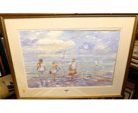 June Crawshaw - Children playing on the beach, watercolour, signed lower right, 35 x 54cm