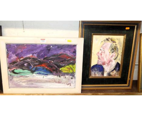 Lay - Untitled, oil on board, signed lower right, 29 x 43cm; and one other being Justin Jones - Self-portrait profile, oil on