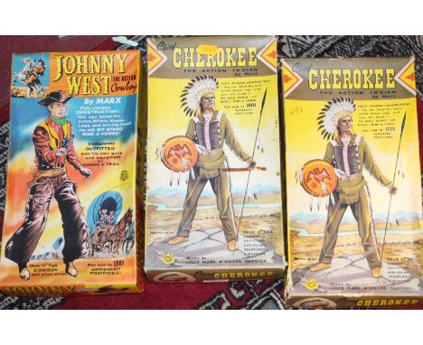 A Marx Toys Chief Cherokee and Johnny Wester action figures all housed in the original boxes, some contents incomplete