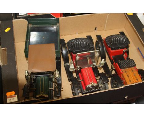 Three Maxitoys and JBN reproduction tinplate vehicles to include an Old Timer, together with an open back truck
