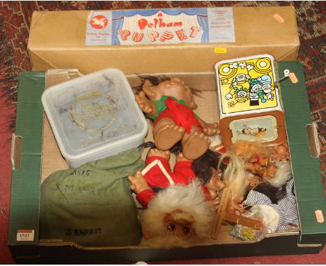 One box of mixed collectables to include Pelham Puppet Skeleton, various Trollz, mixed marbles and other puppets &amp; soft t