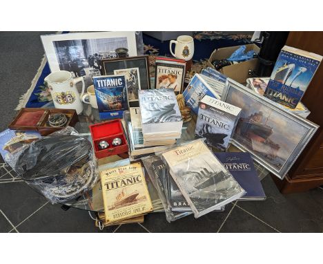 Titanic Interest - Box of Titanic Related Memorabilia, including books, DVDs, wall plaque, etc.  Together with a cigar box, o