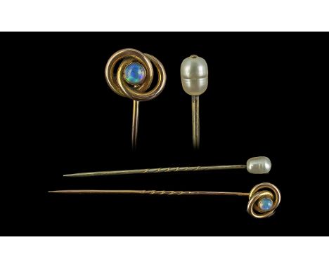 A Pair of Boxed Antique Period 9ct Gold Stick Pins - Set with Pearls and Opal. Marked 9ct. Each 2.5 Inches - 6.25 cms Long. G