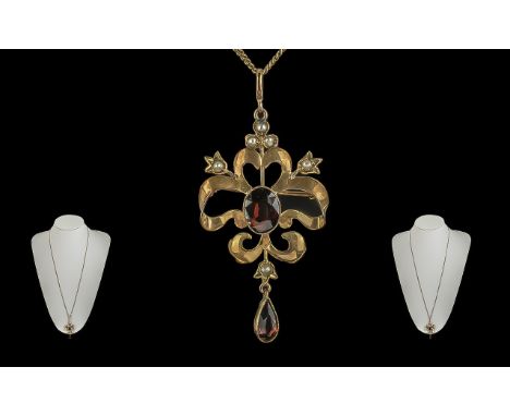 Victorian Period 1837 - 1901 9ct Gold Open Worked Pendant, Set with Seed Pearls and Gems, Attached to a Long 9ct Gold Chain. 