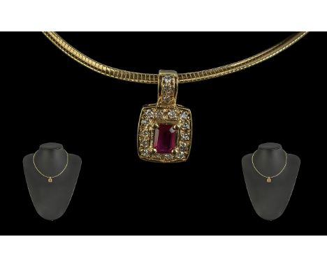 Ladies 14ct Gold - Attractive Choker Necklace with Ruby and Diamond Set Pendant Drop. Marked 14ct. The Ruby of Good Colour Su