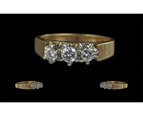 18ct White Gold - Pleasing Quality 3 Stone Diamond Set Ring. Solid Shank / Setting. Full Hallmark for 750 - 18ct to Interior 