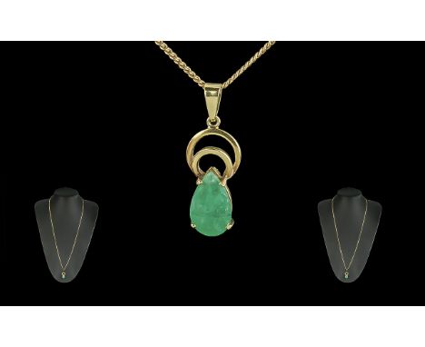 18ct Gold Superior Quality Tear Drop Jade Stone Pendant attached to a long 18ct Gold excellent quality chain. Both pendant an