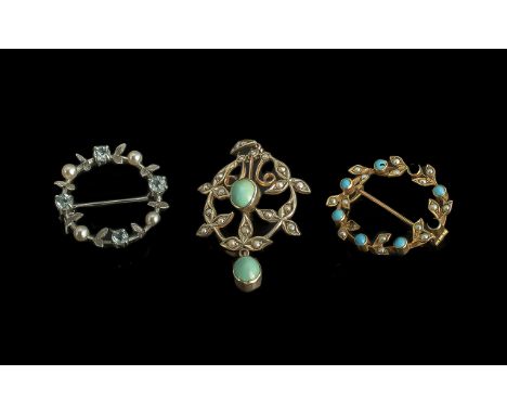 Antique Period - Attractive and Exquisite Trio of 15ct &amp; 9ct Small Circular Gem Set Brooches / Pendant. All Marked for Go