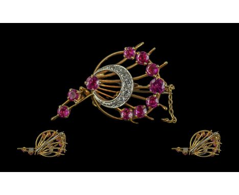 18ct Two Tone Gold Fine &amp; Exquisite Ruby &amp; Diamond Set Brooch, pleasing design and form, marked 18ct.  Maker A &amp; 