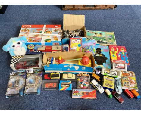 Box of Vintage Toys &amp; Games, including Jubolino, Bandal Railway set, Roland Rat Jigsaw, Furby, Golden Compass figures, Si