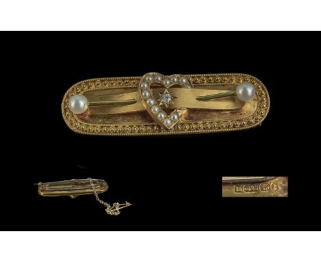 Antique Period - Attractive Sweetheart 15ct Gold Brooch, Set with Pearls and Diamond to Centre in the Form of a Heart with Ar