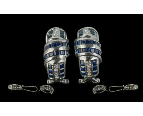 Ladies Fine Pair of Contemporary 18ct White Gold Sapphire &amp; Diamond Set Earrings, marked 18ct - 750.  Sapphires and Diamo