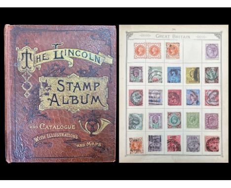 Stamp Interest - World Collection in Lovely Old Lincoln Album, date 1900, with stamp illustrations from first issues to 1900 