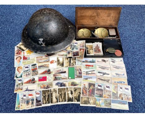 Military Tin Hat, together with RAF dog tags, a metal tin full of Wills cigarette cards, and a boxed set of brass jewellers s