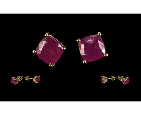 Ruby Square Cushion Cut Stud Earrings, two rich red ruby solitaires, set in openwork, goblet style mounts of 18ct gold vermei