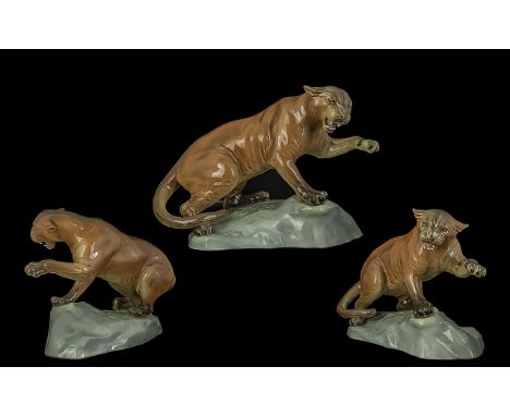 Beswick Hand Painted Wild Animal Figure 'Puma on Rock' gloss model 1702.  Designer A Gredington, issued 1960-1973.  Height 8.