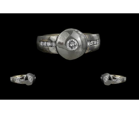 18ct Two Tone Gold - Contemporary Designed Diamond Set Ring. Full Hallmark to Shank, The Round Faceted Diamonds of Excellent 