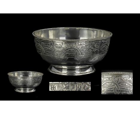 Mid Victorian Period - Superior Sterling Silver Small Footed Bowl with Small Beaded Border, The Engraving Detail / Design Is 