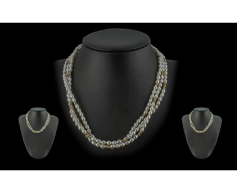 Lotus Attractive Ladies Triple Strand Cultured Pearl Necklace, Set with 9ct Gold Beaded Spacers and Clasp, Stamped 9.375. Box