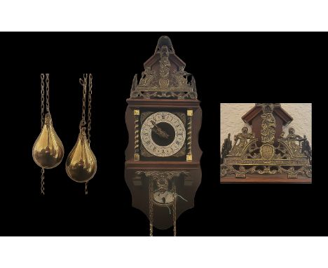 Dutch Wall Clock, Vintage Nu Elck Syn Sin,  silvered dial, Roman numerals, twist columns to either side of clock face.  Decor