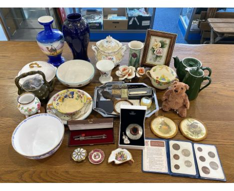 Box of Assorted Collectible Porcelain &amp; Pottery, including a Troy 9.5'' blue vase, decorated with a camel and rider, a 10