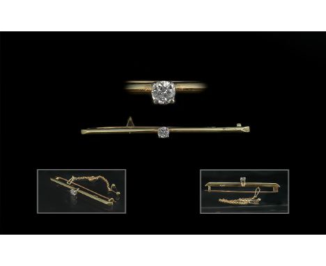 Antique Period 15ct Gold Diamond Set Brooch with safety chain, marked 15ct.  The central faceted diamonds of good colour and 