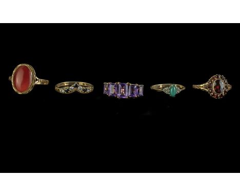 Collection of 9ct Gold Dress Rings, five in total, set with Amethyst, turquoise, Garnet, etc.  Gross weight 9.3 grams.