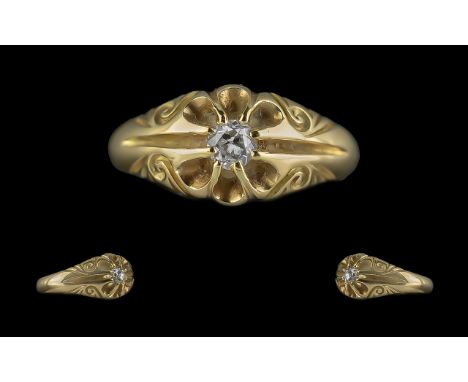 18ct Yellow Gold Single Stone Diamond Ring, gypsy setting.  Marked 18ct to interior of shank.  The round faceted diamond of e