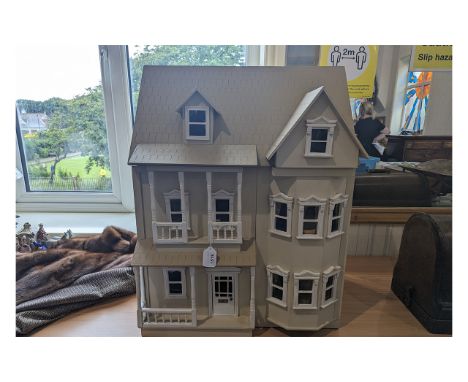 Dolls House, cream and white traditional style with porch, fully furnished with German furniture by Bodo Hennie, including li