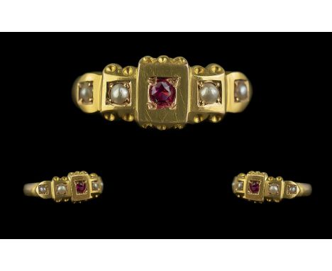 Edwardian Period 1901 - 1910 15ct Gold Ruby and Seed Pearl Set Ring, Ornate Setting. Marked 625. Full Hallmark for Birmingham