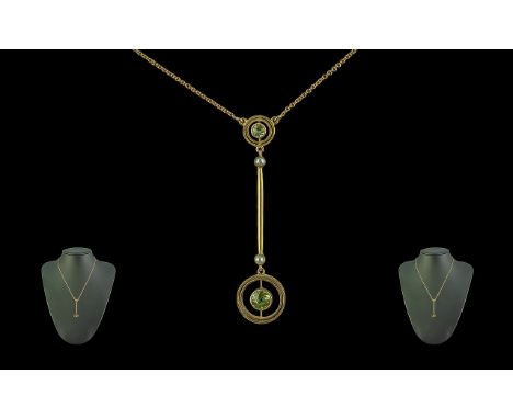Belle Epoque - Pleasing Ladies 9ct Gold Seed Pearl and Peridot Set Necklace with Drop. Marked 9ct. The Faceted Peridots of Go