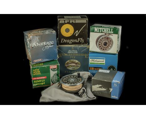 Collection of Seven Fly Fishing Reels, including Worcestershire Fly Reel, Lochmur 200, Masterline Advantage, Mitchell 7550, B