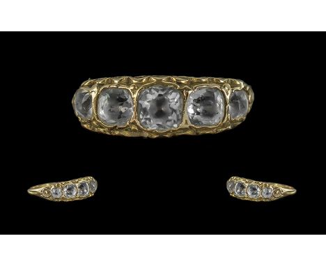 Antique Period Attractive 15ct Gold - 5 Stone Set Ring, Ornate Designed Shank / Setting. Marked 625, Full Hallmark for Birmin