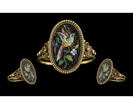 Italian Grand Tour Antique Period - Superb Quality 18ct Gold Micro Mosaic Ring. Not Marked but Tests High Ct Gold. Depicts ' 